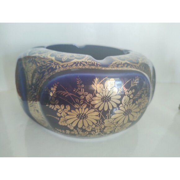 Large Vintage Andrea by Sadek Ceramic Gold & Blue Floral Ashtray 7" - Picture 2 of 16